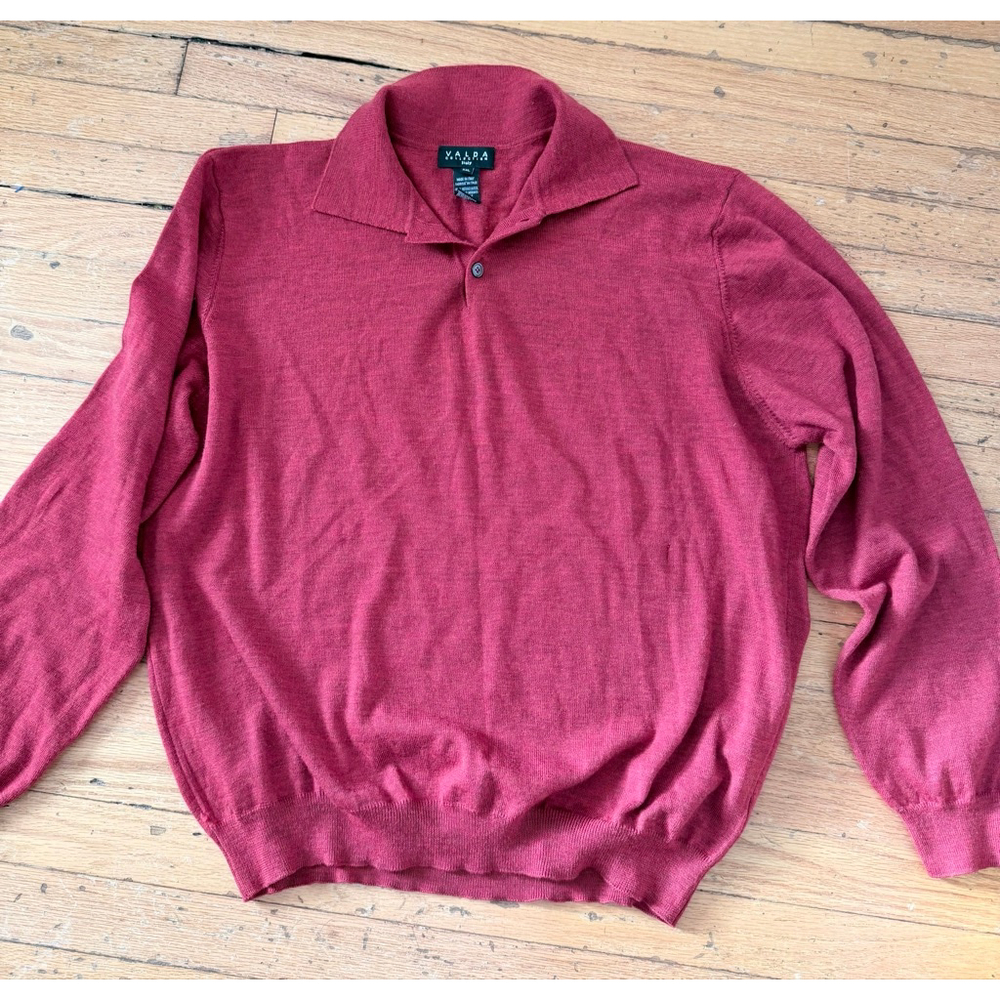 Valda Collection Italy Merino Wool Sweater Mens XXL Red Knit Polo Collar Made in